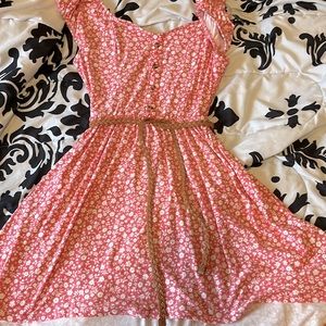 Pink& White floral Sundress with brown tie belt, Size: Large 11/13